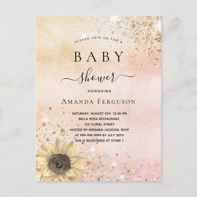 Baby shower rose gold rustic sunflower glitter invitation postcard (Front)
