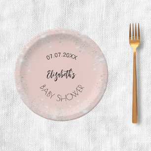 Baby Shower rose gold silver glitter girl name Paper Plates
