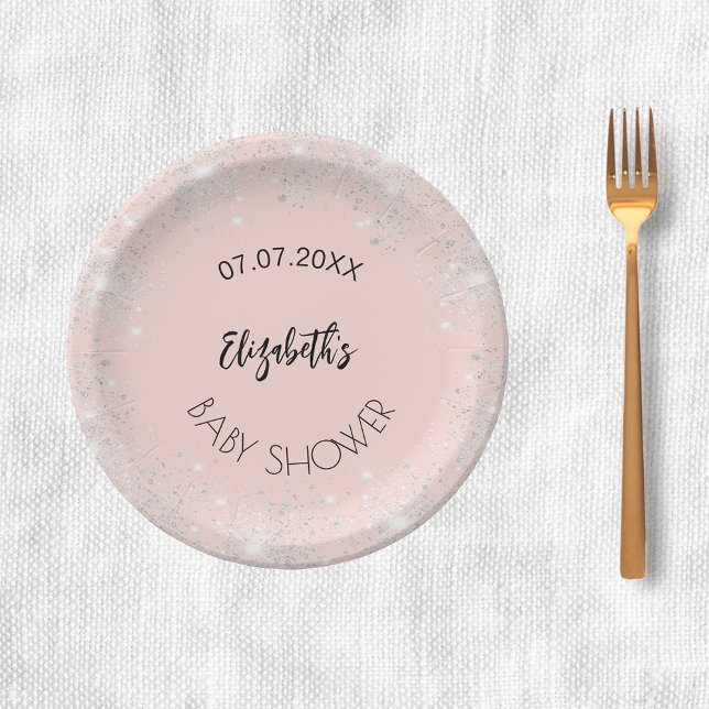Baby Shower rose gold silver glitter girl name Paper Plates (Creator Uploaded)