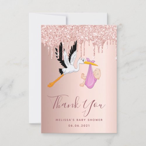 Baby shower rose gold stork girl glitter drips thank you card