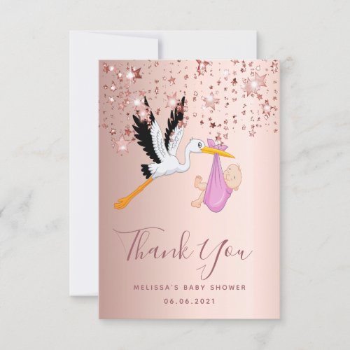 Baby shower rose gold stork stars girl thank you card