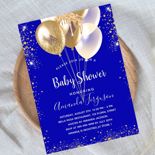 Baby shower royal blue gold balloons sparkles invitation postcard
