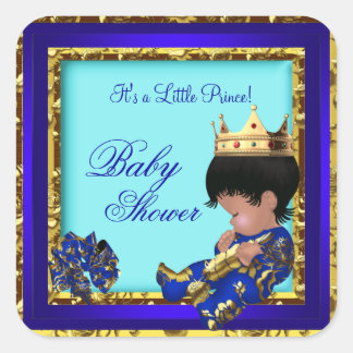 Baby Shower Royal Blue Gold Boy crown prince Square Sticker