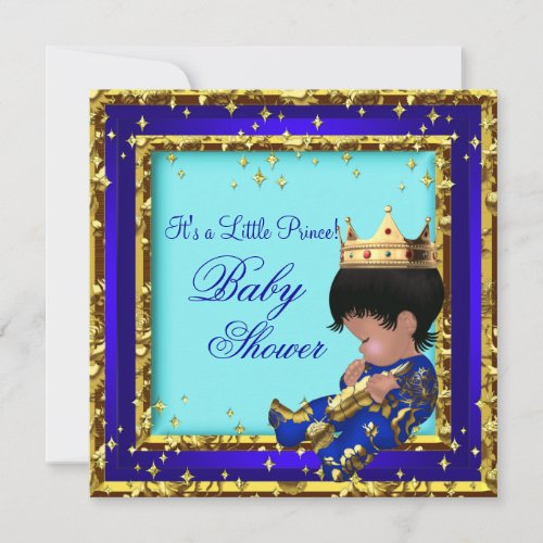 Baby Shower Royal Blue Gold Boy crown prince Stars Invitation