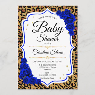 Baby Shower - Royal Blue Gold Leopard Print Invitation