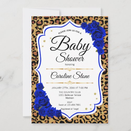 Baby Shower _ Royal Blue Gold Leopard Print Invitation