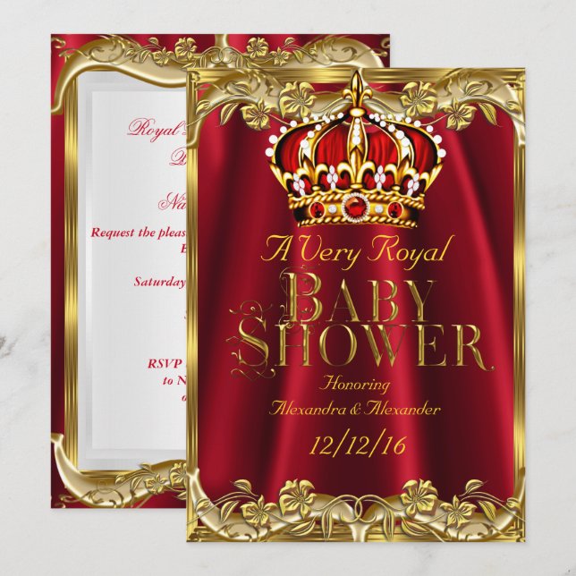 Baby Shower Royal Regal Red Gold Crown Invitation (Front/Back)