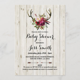 Baby Shower Rustic Antler Floral Wood Party Invite