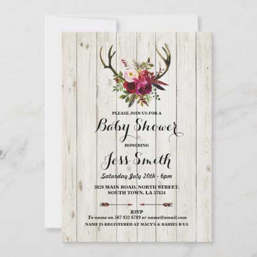 Baby Shower Rustic Antler Floral Wood Party Invite