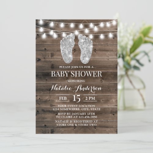 Baby Shower Rustic Barn Wood Silver Baby Feet Invitation