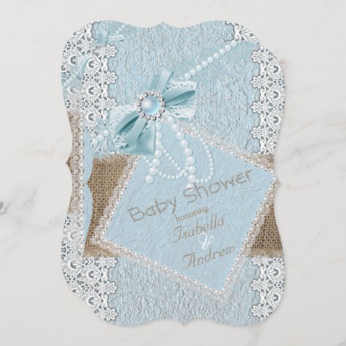 Baby Shower Rustic Blue Bow Pearl Lace Burlap Invitation