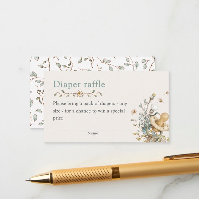 Baby Shower Rustic Botanical Diaper Raffle Enclosure Card (Front/Back In Situ)