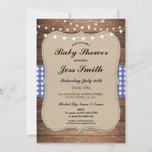 Baby Shower  Rustic Burlap Blue Wood BBQ Invite