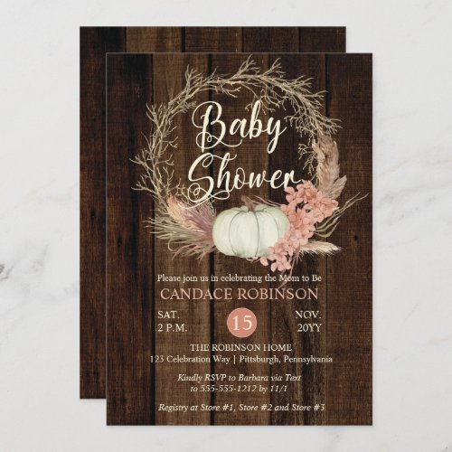 Baby Shower _ Rustic Pumpkin Pampas Wreath  Invita Invitation