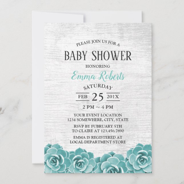 Baby Shower Rustic Succulent Floral Barn Wood Invitation (Front)