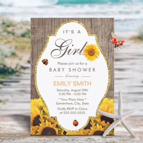 Baby Shower Rustic Sunflower Ladybug Country Girl Invitation