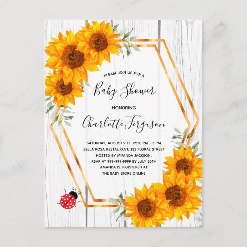 Baby Shower rustic sunflowers ladybug invitation Postcard