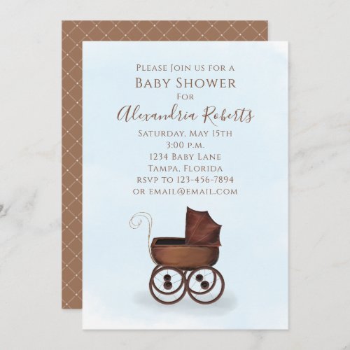 Baby Shower Rustic Watercolor Boy Blue Carriage Invitation