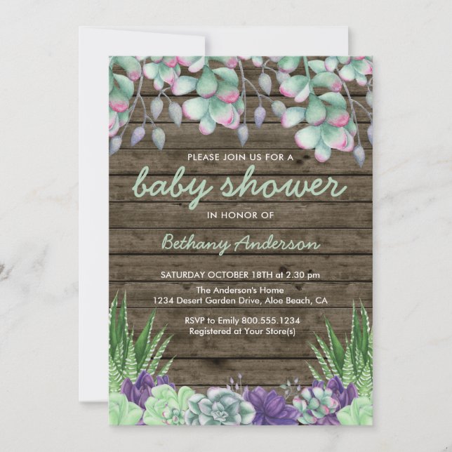 Baby Shower Rustic Wood and Watercolor Succulents Invitation (Front)