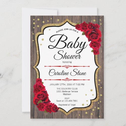 Baby Shower _ Rustic Wood Red Gold Invitation