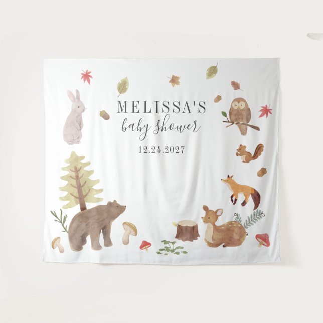 Baby Shower Rustic Woodland Forest Cute Animals Tapestry (Front (Horizontal))