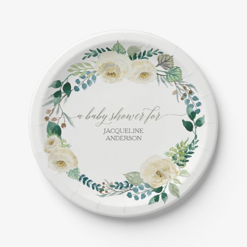 Baby Shower Rustic Wreath Alabaster Ivory Roses Paper Plates