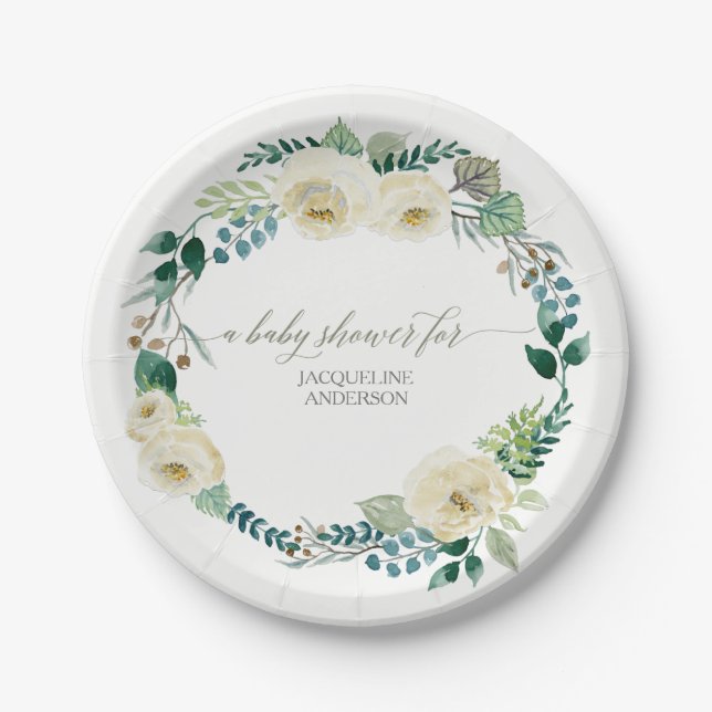 Baby Shower Rustic Wreath Alabaster Ivory Roses Paper Plates (Front)