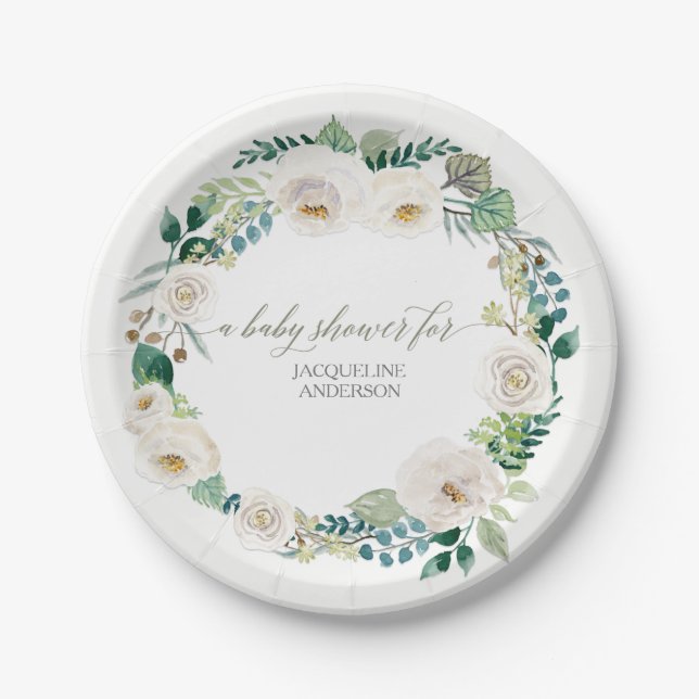 Baby Shower Rustic Wreath Alabaster White Roses Paper Plates (Front)