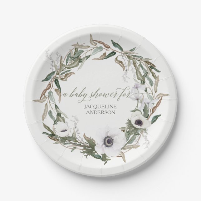 Baby Shower Rustic Wreath Anemone Olive Leaves Paper Plates (Front)