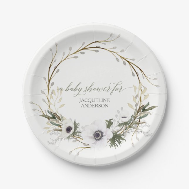 Baby Shower Rustic Wreath Anemone Twig Wreath Paper Plates (Front)