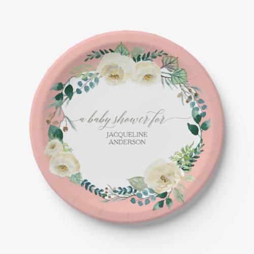 Baby Shower Rustic Wreath Blush Pink Ivory Roses Paper Plates
