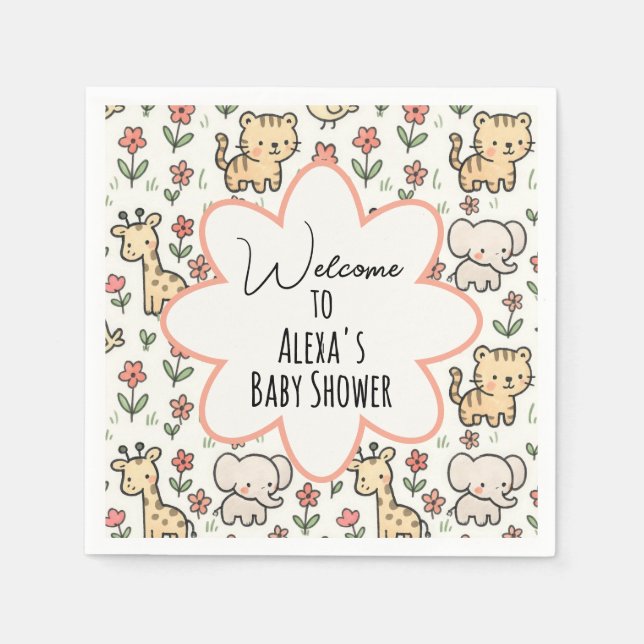 Baby Shower Safari Animal With Flowers Napkins (Front)