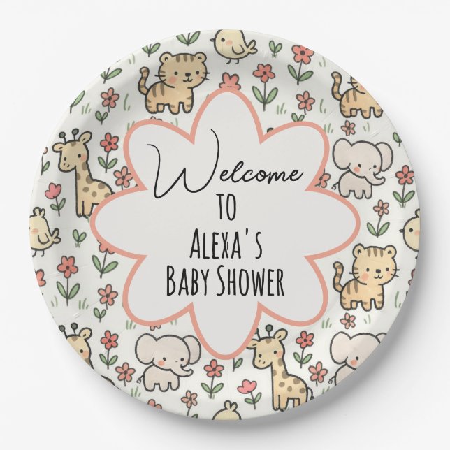 Baby Shower Safari Animal With Flowers Paper Plates (Front)
