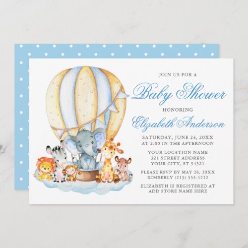 Baby Shower Safari Animals Air Balloon Clouds Dots Invitation