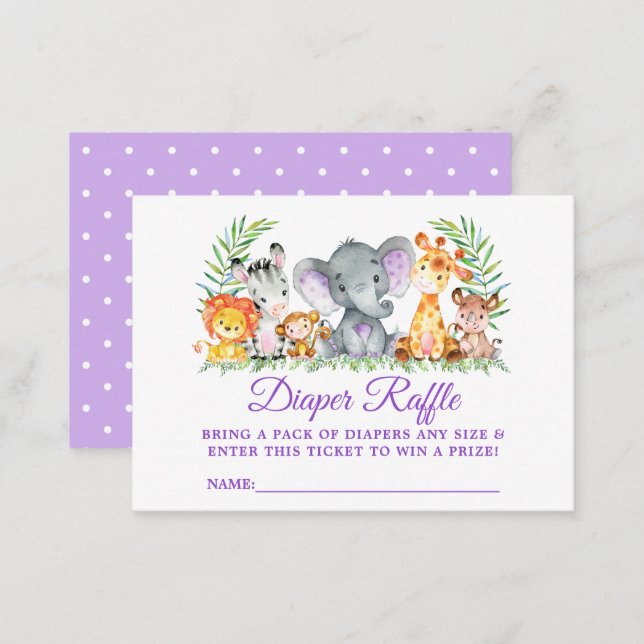 Baby Shower Safari Animals Diaper Raffle Purple Enclosure Card (Front/Back)