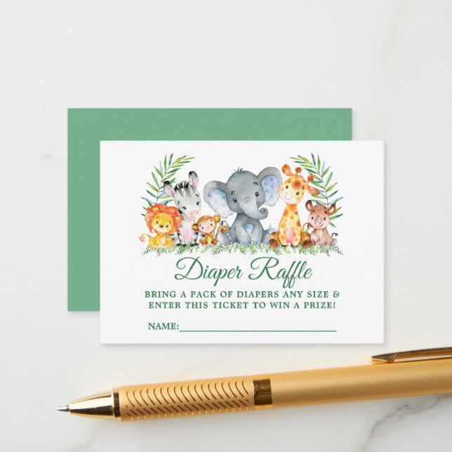 Baby Shower Safari Animals Diaper Raffle Ticket Enclosure Card (Front/Back In Situ)