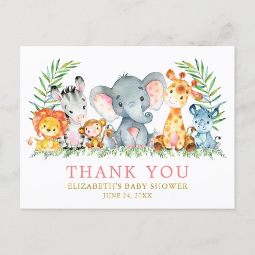 Baby Shower Safari Animals Thank You Pink Postcard