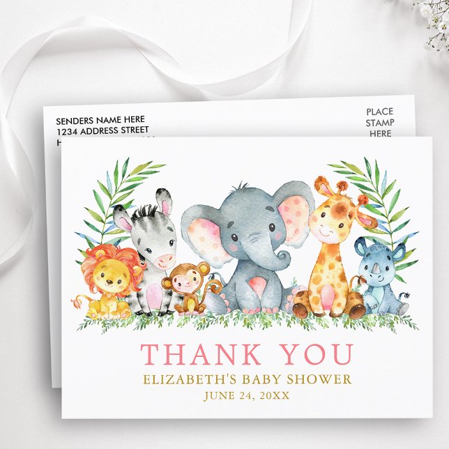 Baby Shower Safari Animals Thank You Pink Postcard (Customize to change text size, color or text style.)