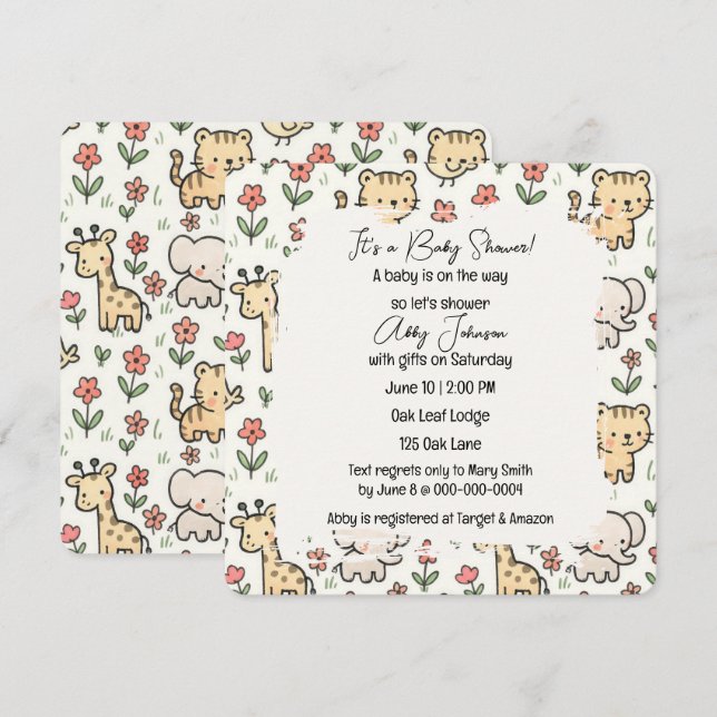 Baby Shower Safari Animals With Flowers Invitation (Front/Back)