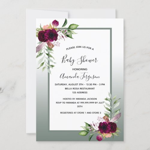 Baby shower Sage green florals burgundy Invitation