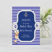 Baby Shower Sailor Boy Blue Stripe Blonde Invitation (Standing Front)