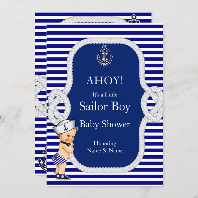 Baby Shower Sailor Boy Blue Stripe Blonde Invitation (Front/Back)