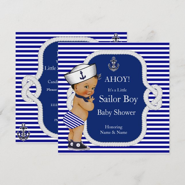 Baby Shower Sailor Boy Blue Stripe Brunette Invitation (Front/Back)