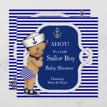 Baby Shower Sailor Boy Blue Stripe Brunette Invitation by VintageBabyShop at Zazzle