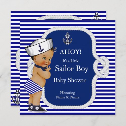 Baby Shower Sailor Boy Blue Stripe Brunette Invitation