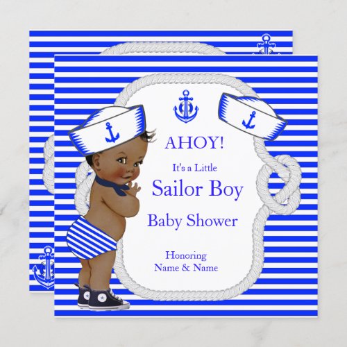 Baby Shower Sailor Boy Royal Blue Stripe Ethnic Invitation