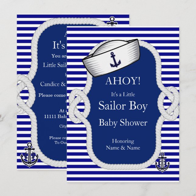Baby Shower Sailor Hat Boy Blue Stripe Invitation (Front/Back)