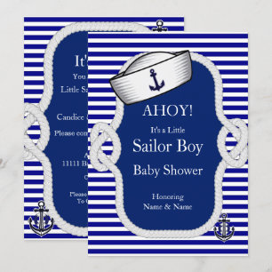 Baby Shower Sailor Hat Boy Blue Stripe Invitation