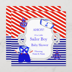 Baby Shower Sailor Suit Boy Red Royal Blue Stripe Invitation