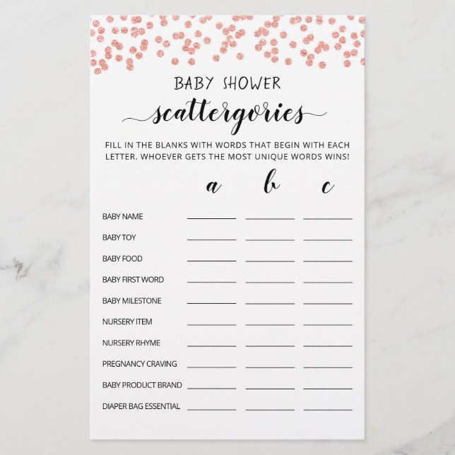 Baby Shower Scattergories party editable game (Front)